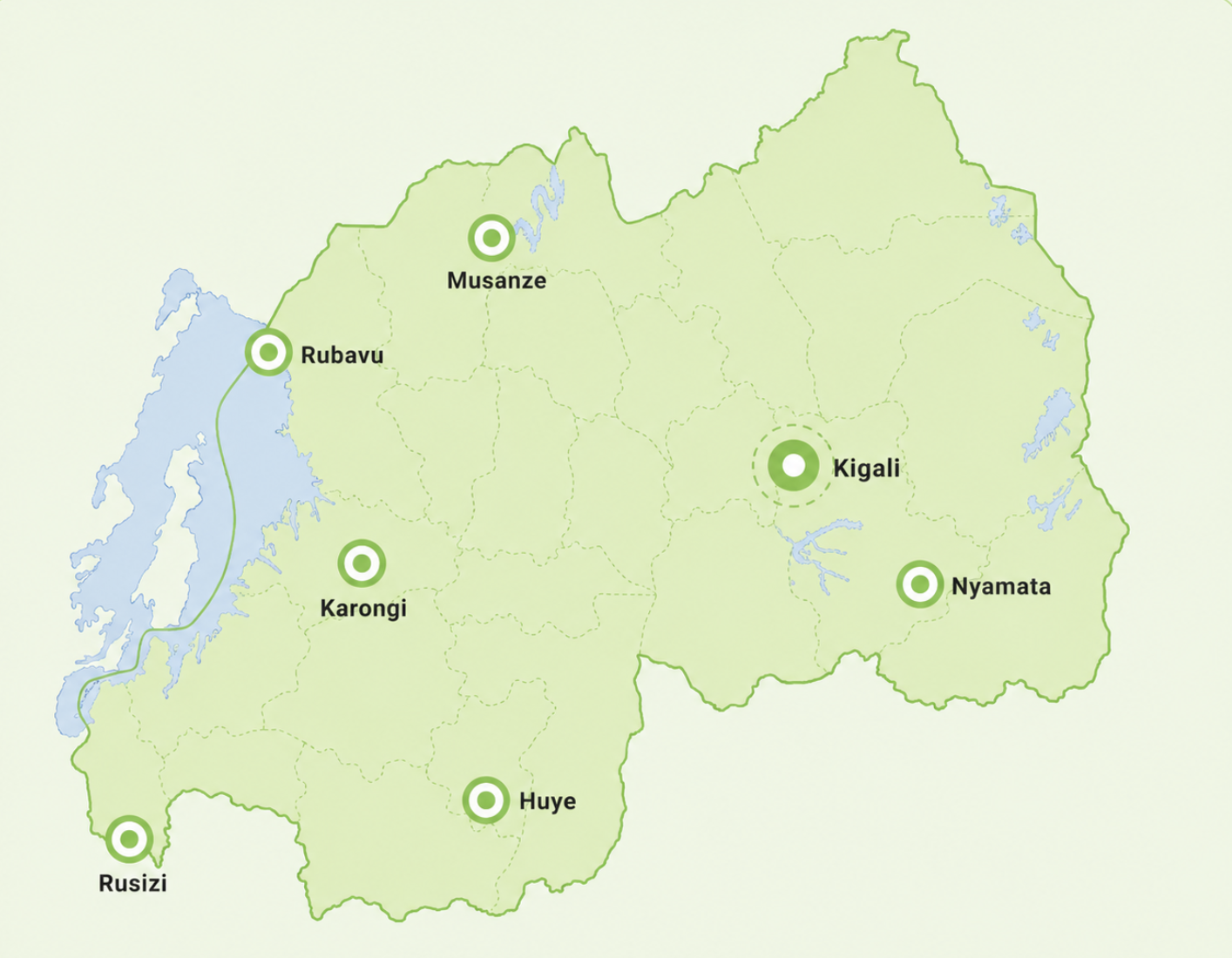 Map of Rwanda showing EPO program locations: Musanze, Rubavu, Karongi, Rusizi, Huye, Kigali, and Nyamata